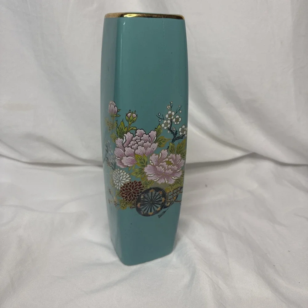 Vintage Teal Cloisonné Kutani Vase Floral Gold Gilt Flower Cart Ceramic Japan 9